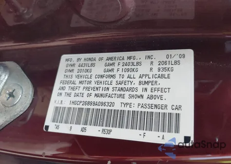 2009 Honda Accord 2.4 Ex-L from USA, damaged, VIN 1HGCP26899A096320